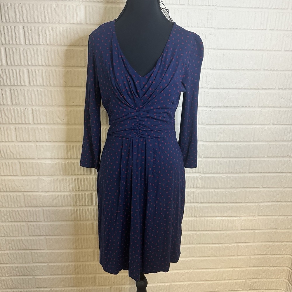 BODEN V Neck Blue Red Polka Dots 3/4 Sleeve Tunic Dress Sz 8L Formal Night Out